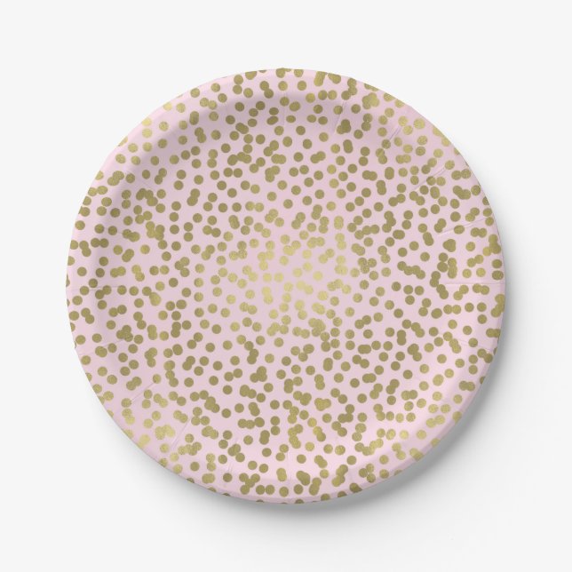 Blush Pink Rose & Gold Dots Confetti Elegant Glam Paper Plate (Front)