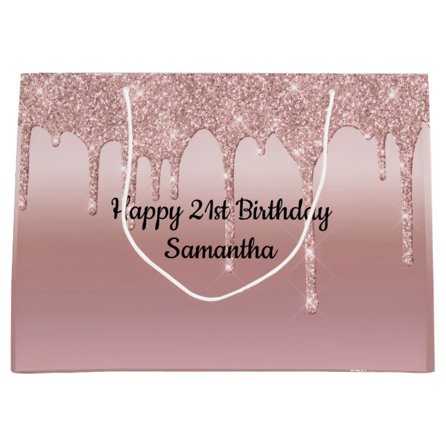Blush Pink Rose Gold Dripping Glitter Personalised Large Gift Bag (Front)