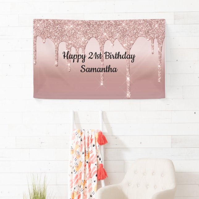 Blush Pink Rose Gold Dripping Glitter Personalized Banner (Insitu)