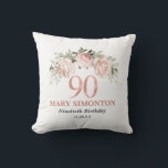 Blush Pink Rose Gold Floral 90th Birthday Cushion<br><div class="desc">Unique gift idea for a 90th birthday celebration. A pretty and feminine spray of blush pink roses sits at the top of the design. 90 is written just below in a rose gold metallic graphic. Her name and two lines of text let you customise your gift. The back is a...</div>