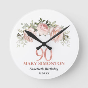 Blush Pink Rose Gold Floral 90th Birthday Round Clock