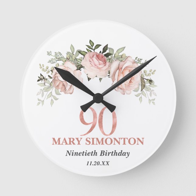 Blush Pink Rose Gold Floral 90th Birthday Round Clock (Front)