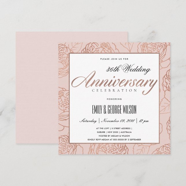 BLUSH PINK ROSE GOLD FLORAL ANY YEAR ANNIVERSARY INVITATION (Front/Back)