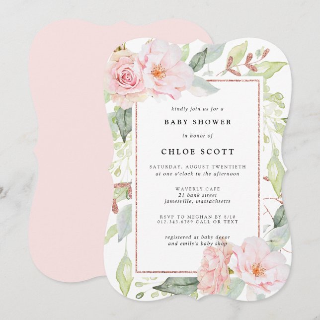 Blush Pink Rose Gold Floral Baby Shower Invitation (Front/Back)