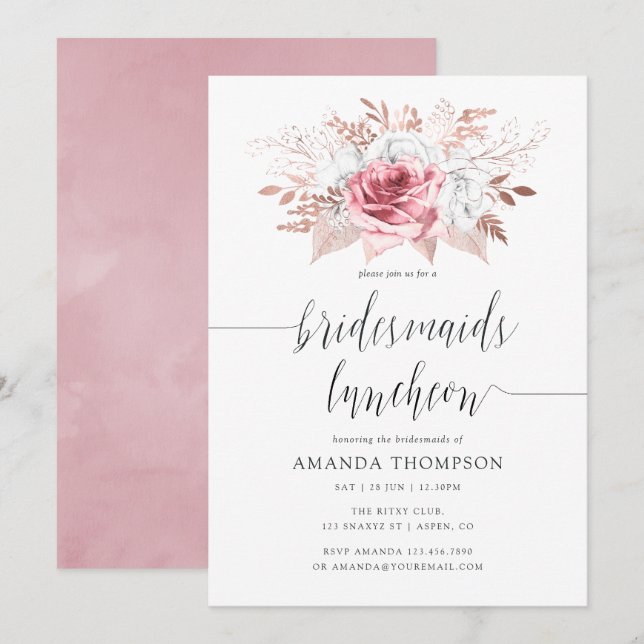 Blush Pink & Rose Gold Floral Bridesmaids Luncheon Invitation (Front/Back)