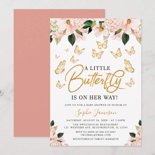 Blush Pink Rose Gold Floral Butterfly Baby Shower  Invitation (Front/Back)