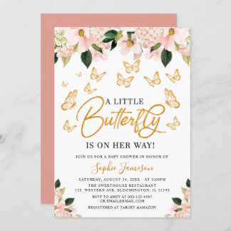 Blush Pink Rose Gold Floral Butterfly Baby Shower  Invitation