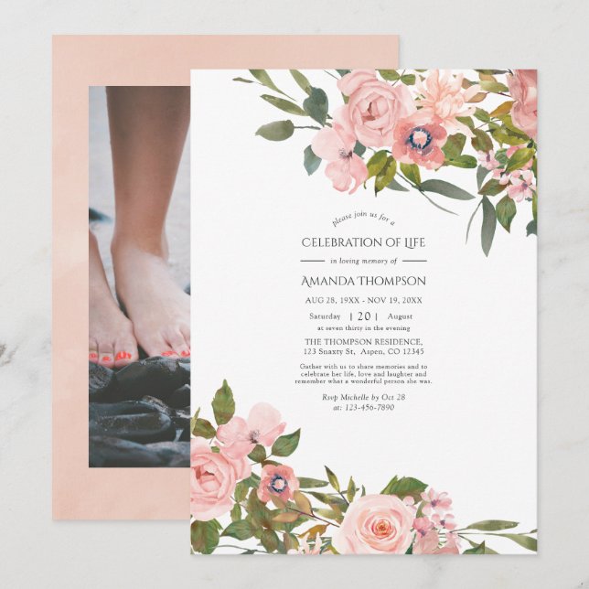 Blush Pink & Rose Gold Floral Celebration of Life Invitation (Front/Back)