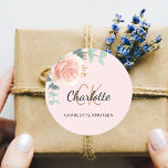 Blush pink rose gold floral eucalyptus thank you classic round sticker<br><div class="desc">A feminine soft,  blush pink background. Decorated with green watercolored rose gold and blush pink floral,  rose,  eucalyptus leaves,  sprigs,  greenery,  faux gold leaves.  Personalise and add your first name,  monogram initials and full name. Perfect for birthday favours,  a bridal shower or baby shower.</div>