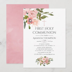 Blush Pink & Rose Gold Floral First Holy Communion Invitation