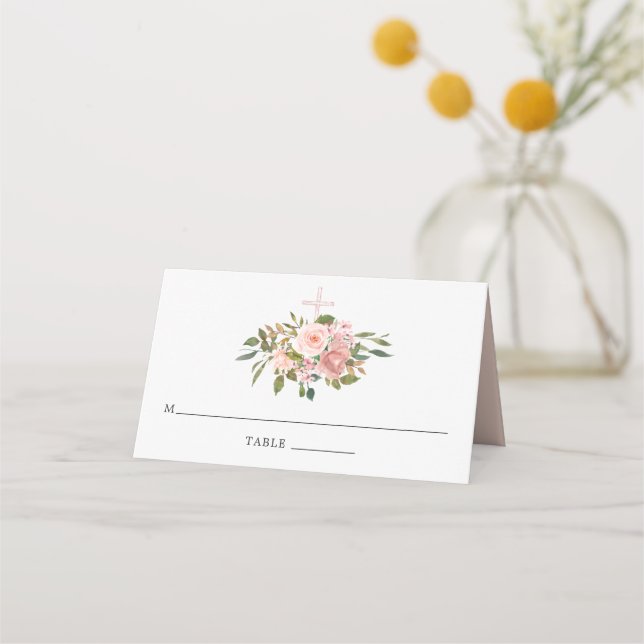Blush Pink & Rose Gold Floral First Holy Communion Place Card (Front)