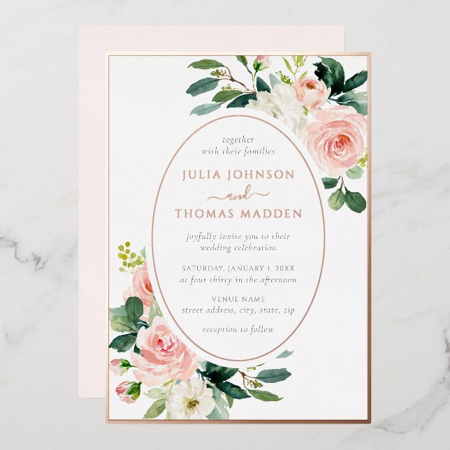 Blush Pink Rose Gold Floral Frame Wedding  (Front/Back)