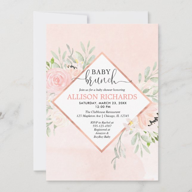 Blush pink rose gold floral girl baby brunch invitation (Front)