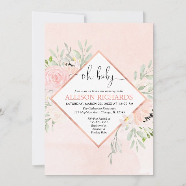 Blush pink rose gold floral girl baby shower invitation (Front)