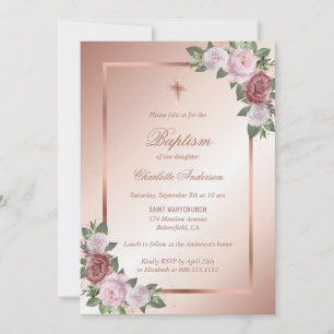 Blush Pink Rose Gold Floral Girl Baptism Invitation