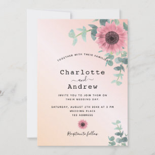 Blush pink rose gold floral greenery wedding invitation