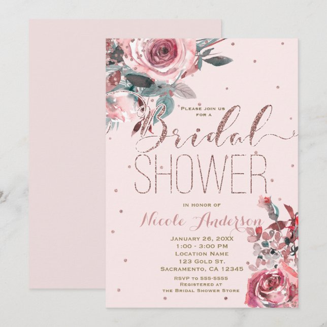 Blush Pink Rose Gold Floral Modern BRIDAL SHOWER Invitation (Front/Back)