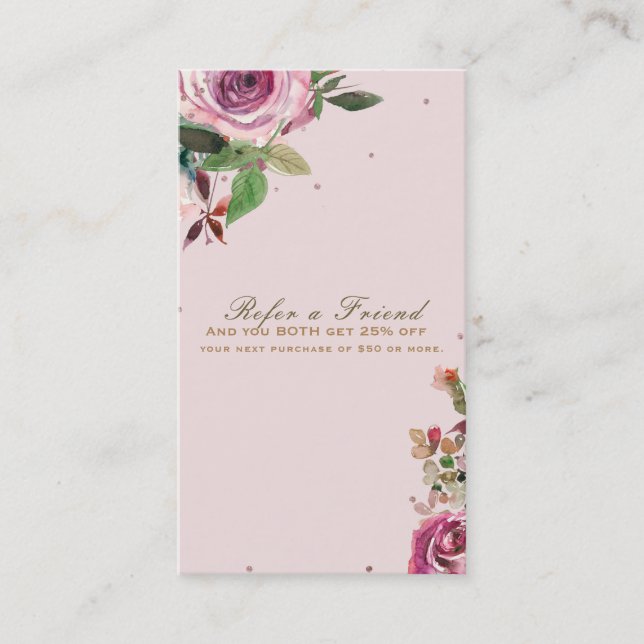 Blush Pink Rose Gold Floral Modern Refer a Friend Referral Card (Front)