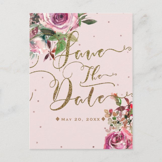 Blush Pink Rose Gold Floral Modern Save the Date Announcement Postcard (Front)
