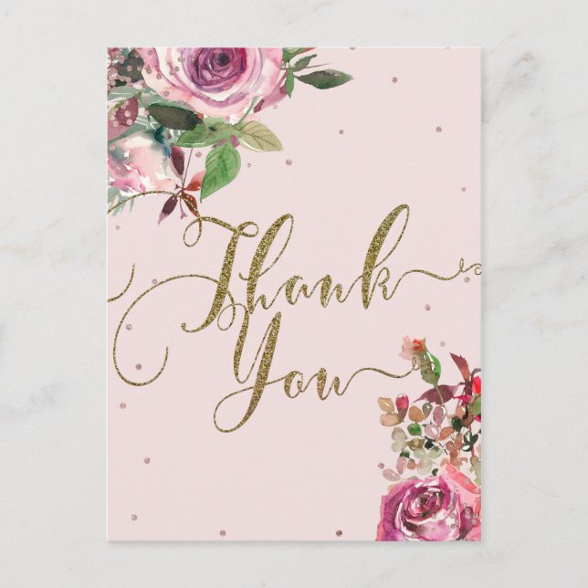 Blush Pink Rose Gold Floral Modern Thank You Postcard (Front)