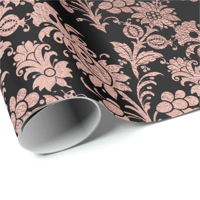 Blush Pink Rose Gold Floral Powder Black Metalliic Wrapping Paper (Roll Corner)