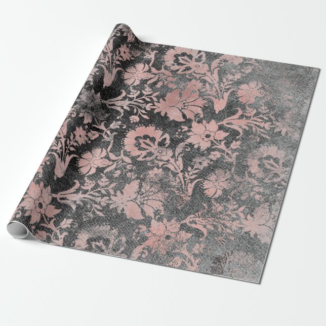 Blush Pink Rose Gold Floral Powder Grungy Black Wrapping Paper (Unrolled)