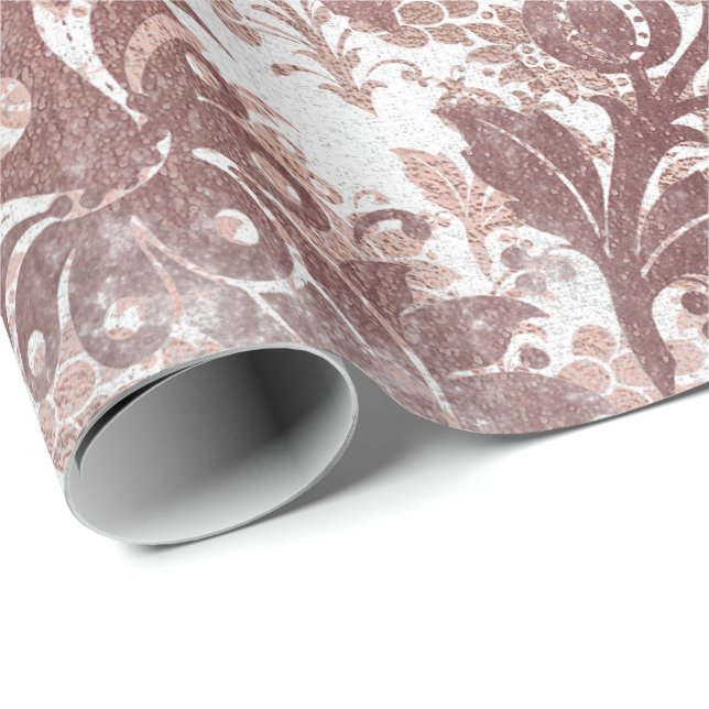 Blush Pink Rose Gold Floral Powder Grungy Damask Wrapping Paper (Roll Corner)