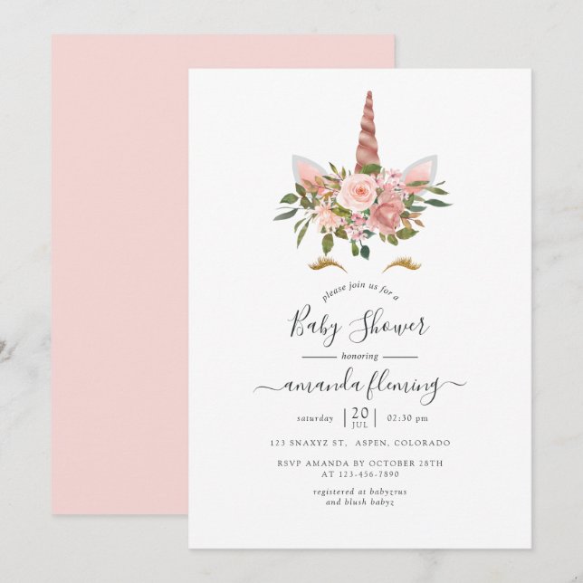 Blush Pink & Rose Gold Floral Unicorn Baby Shower Invitation (Front/Back)