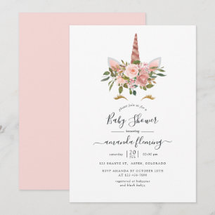 Blush Pink & Rose Gold Floral Unicorn Baby Shower Invitation