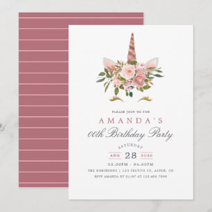 Blush Pink & Rose Gold Floral Unicorn Birthday Invitation
