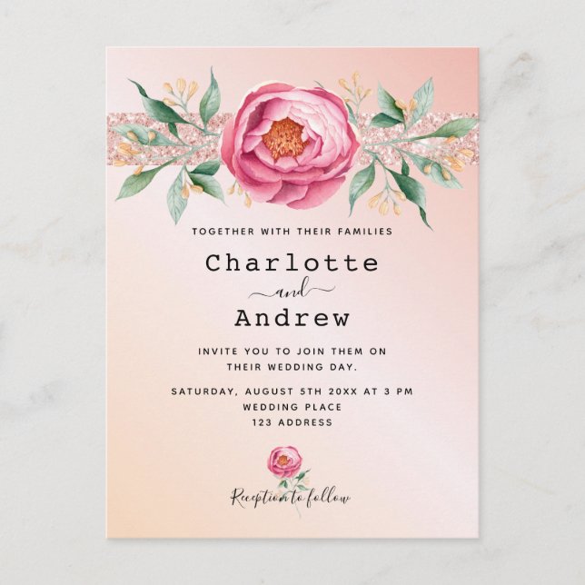 Blush pink rose gold floral wedding postcard (Front)