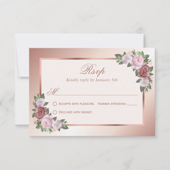 Blush Pink Rose Gold Floral Wedding RSVP Cards (Front)