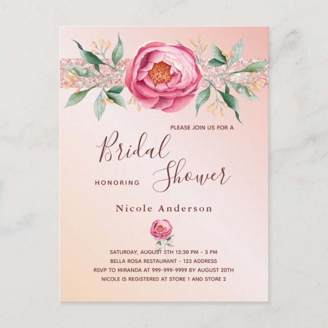 Blush pink rose gold florals bridal shower postcard (Front)