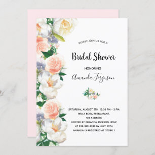 Blush pink rose gold florals white bridal shower invitation