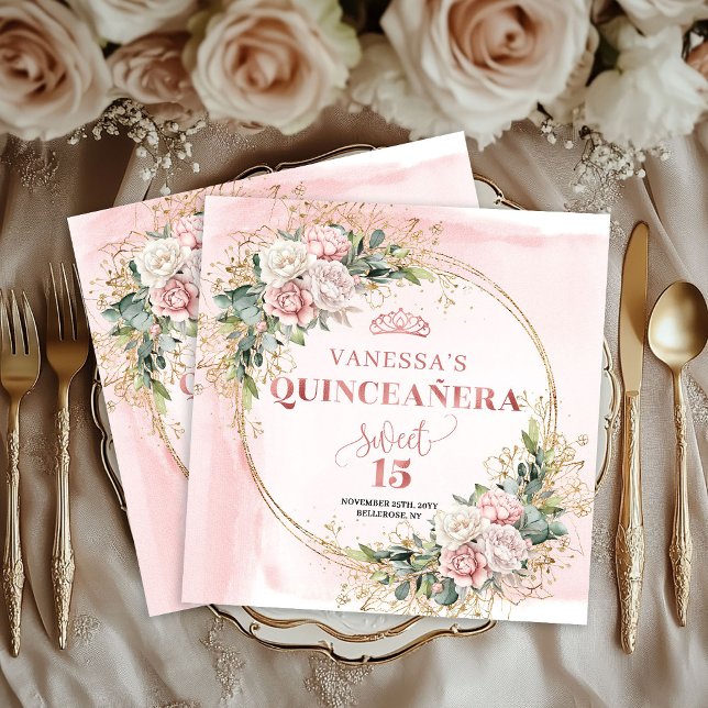 Blush Pink Rose Gold Flowers Mis Quince Napkins (Blush Pink Rose Gold Flowers Mis Quince Napkins)