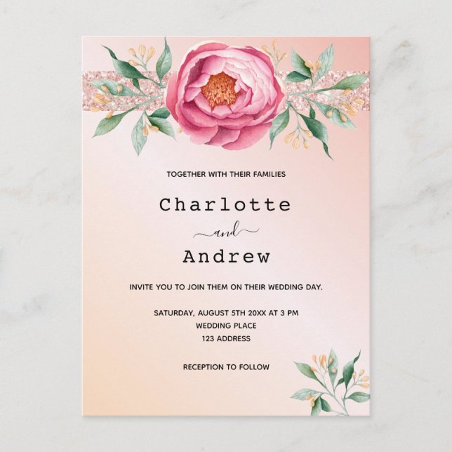 Blush pink rose gold flowers wedding invitation postcard (Front)