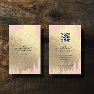 Blush Pink Rose Gold Foil Brush Stroke QR Code Business Card