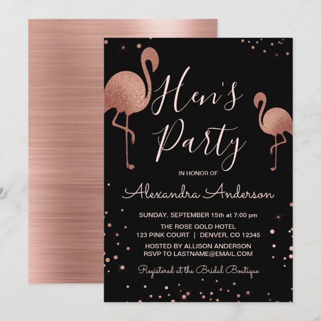 Blush Pink - Rose Gold Foil Flamingo Hen's Party Invitation (Front/Back)