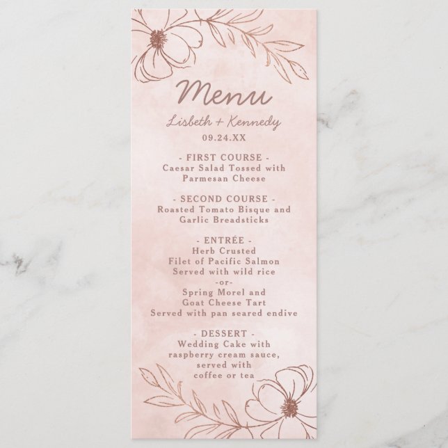 Blush Pink & Rose Gold Foil Floral Border Dinner Menu (Front)