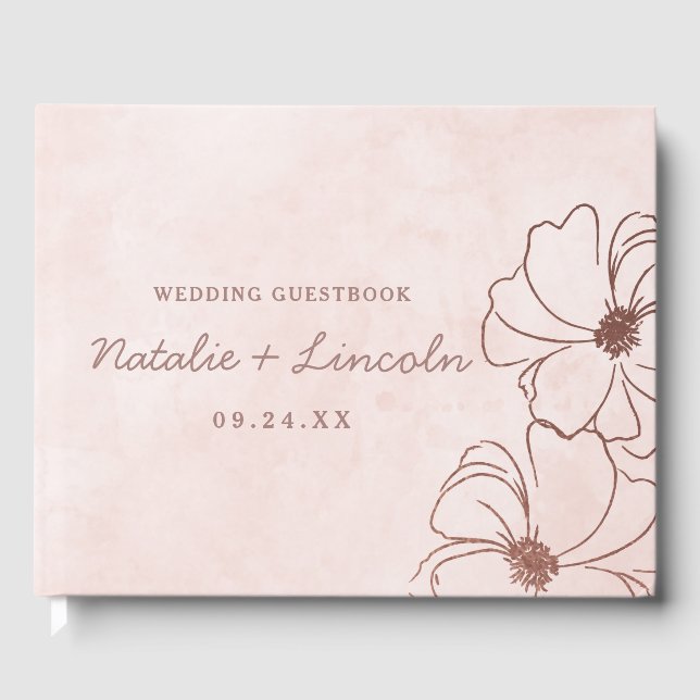 Blush Pink & Rose Gold Foil Floral Border Wedding Guest Book (Front)