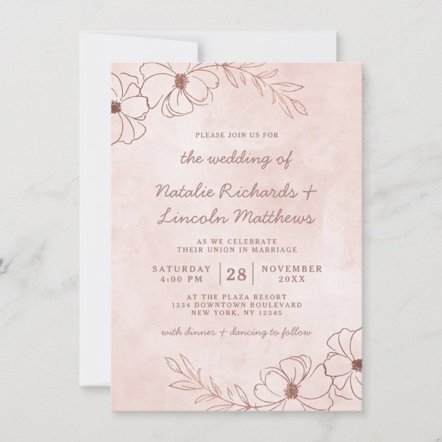 Blush Pink & Rose Gold Foil Floral Rustic Wedding Invitation (Front)