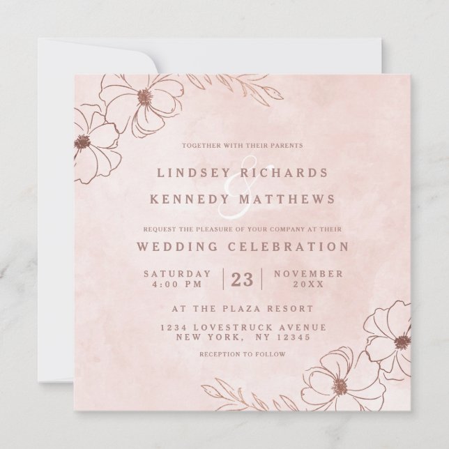 Blush Pink & Rose Gold Foil Floral Wedding Square Invitation (Front)