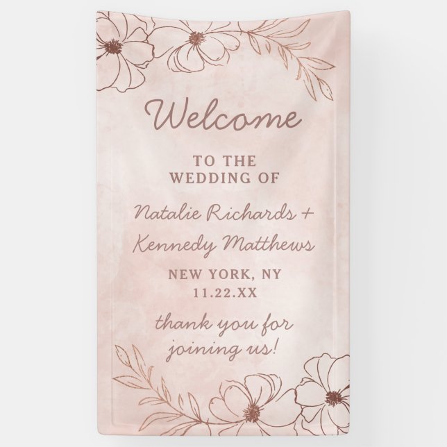 Blush Pink & Rose Gold Foil Floral Wedding Welcome Banner (Vertical)