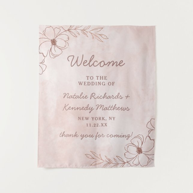 Blush Pink & Rose Gold Foil Floral Wedding Welcome Tapestry (Front)