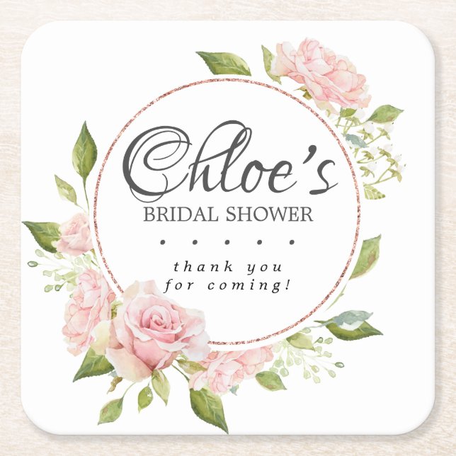 Blush Pink Rose Gold Frame Bridal Shower Square Paper Coaster (Front)