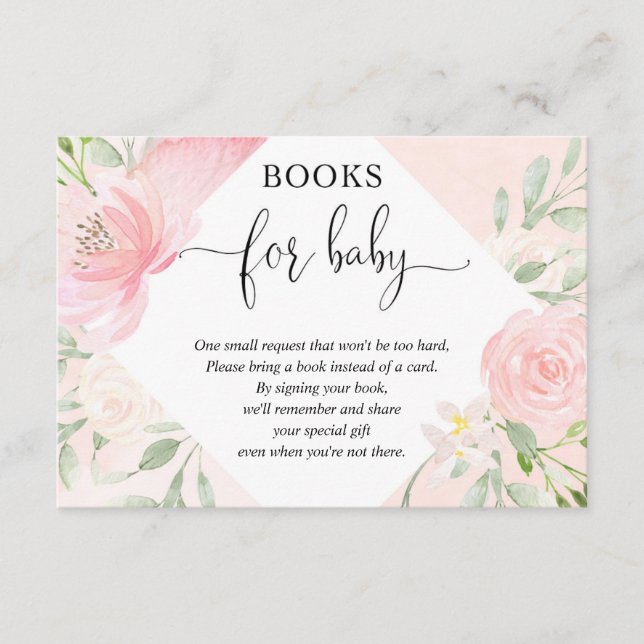 Blush pink rose gold girl baby shower book request enclosure card (Front)