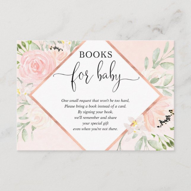 Blush pink rose gold girl baby shower book request enclosure card (Front)