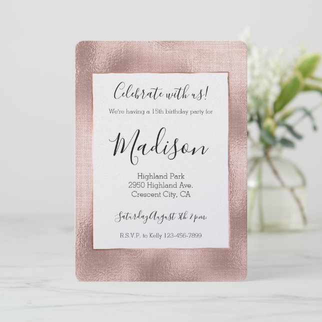 Blush Pink Rose Gold Glam Chic Birthday Invitation (Standing Front)