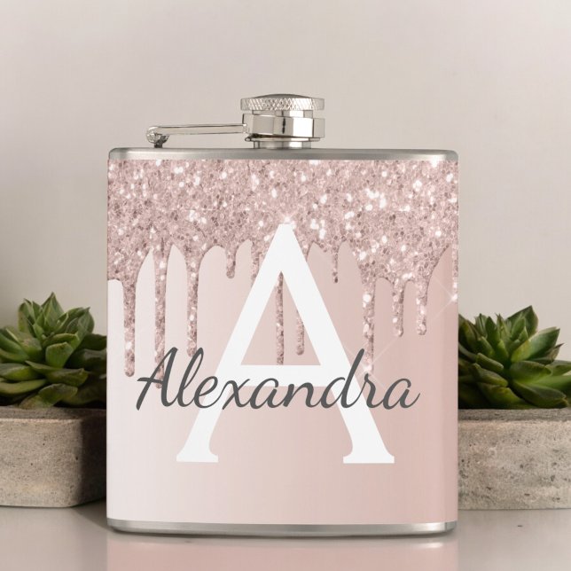Blush Pink Rose Gold Glitter and Sparkle Monogram Hip Flask (Creator Uploaded)