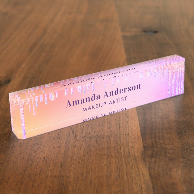 Blush pink rose gold glitter drips monogram beauty nameplate (Side)